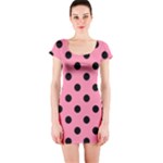 Polka Dots - Black on Flamingo Pink Short Sleeve Bodycon Dress