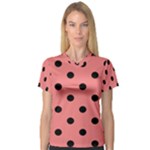 Polka Dots - Black on Coral Pink Women s V-Neck Sport Mesh Tee