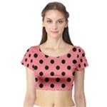 Polka Dots - Black on Coral Pink Short Sleeve Crop Top (Tight Fit)