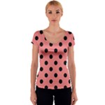 Polka Dots - Black on Coral Pink Women s V-Neck Cap Sleeve Top