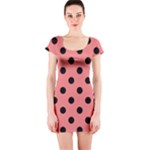 Polka Dots - Black on Coral Pink Short Sleeve Bodycon Dress