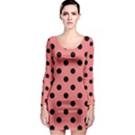 Polka Dots - Black on Coral Pink Long Sleeve Bodycon Dress