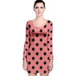 Polka Dots - Black on Coral Pink Long Sleeve Velvet Bodycon Dress