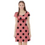 Polka Dots - Black on Coral Pink Short Sleeve Skater Dress