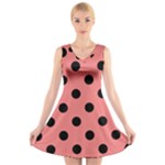 Polka Dots - Black on Coral Pink V-Neck Sleeveless Dress