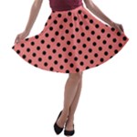 Polka Dots - Black on Coral Pink A-line Skater Skirt