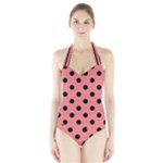 Polka Dots - Black on Coral Pink Women s Halter One Piece Swimsuit