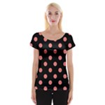 Polka Dots - Coral Pink on Black Women s Cap Sleeve Top