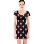 Polka Dots - Coral Pink on Black Short Sleeve Bodycon Dress