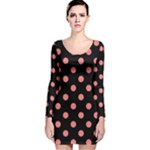 Polka Dots - Coral Pink on Black Long Sleeve Velvet Bodycon Dress