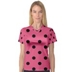 Polka Dots - Black on Dark Pink Women s V-Neck Sport Mesh Tee