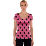 Polka Dots - Black on Dark Pink Women s V-Neck Cap Sleeve Top