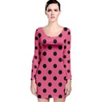 Polka Dots - Black on Dark Pink Long Sleeve Velvet Bodycon Dress