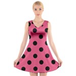 Polka Dots - Black on Dark Pink V-Neck Sleeveless Dress