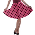 Polka Dots - Black on Dark Pink A-line Skater Skirt