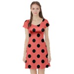 Polka Dots - Black on Pastel Red Short Sleeve Skater Dress