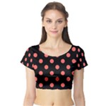 Polka Dots - Pastel Red on Black Short Sleeve Crop Top (Tight Fit)