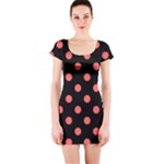 Polka Dots - Pastel Red on Black Short Sleeve Bodycon Dress