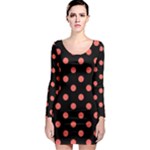 Polka Dots - Pastel Red on Black Long Sleeve Bodycon Dress