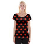 Polka Dots - Ferrari Red on Black Women s Cap Sleeve Top