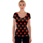 Polka Dots - Ferrari Red on Black Women s V-Neck Cap Sleeve Top