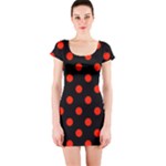 Polka Dots - Ferrari Red on Black Short Sleeve Bodycon Dress