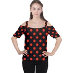 Polka Dots - Ferrari Red on Black Women s Cutout Shoulder Tee