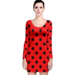 Polka Dots - Black on Red Long Sleeve Velvet Bodycon Dress