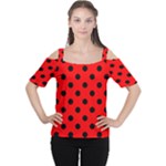 Polka Dots - Black on Red Women s Cutout Shoulder Tee