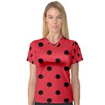 Polka Dots - Black on Alizarin Red Women s V-Neck Sport Mesh Tee