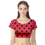 Polka Dots - Black on Alizarin Red Short Sleeve Crop Top (Tight Fit)