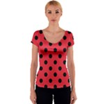 Polka Dots - Black on Alizarin Red Women s V-Neck Cap Sleeve Top