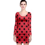 Polka Dots - Black on Alizarin Red Long Sleeve Bodycon Dress