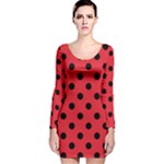 Polka Dots - Black on Alizarin Red Long Sleeve Velvet Bodycon Dress