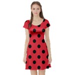 Polka Dots - Black on Alizarin Red Short Sleeve Skater Dress