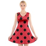 Polka Dots - Black on Alizarin Red V-Neck Sleeveless Dress