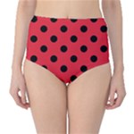 Polka Dots - Black on Alizarin Red High-Waist Bikini Bottoms