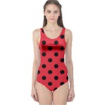 Polka Dots - Black on Alizarin Red One Piece Swimsuit