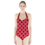 Polka Dots - Black on Alizarin Red Women s Halter One Piece Swimsuit