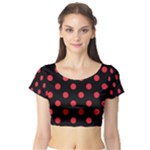 Polka Dots - Alizarin Red on Black Short Sleeve Crop Top (Tight Fit)