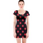 Polka Dots - Alizarin Red on Black Short Sleeve Bodycon Dress