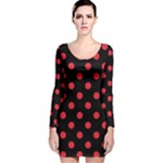 Polka Dots - Alizarin Red on Black Long Sleeve Velvet Bodycon Dress