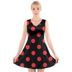 Polka Dots - Alizarin Red on Black V-Neck Sleeveless Dress