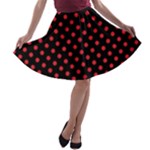 Polka Dots - Alizarin Red on Black A-line Skater Skirt