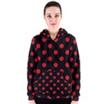 Polka Dots - Fire Engine Red on Black Women s Zipper Hoodie