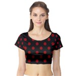 Polka Dots - Dark Red on Black Short Sleeve Crop Top (Tight Fit)