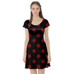 Polka Dots - Dark Red on Black Short Sleeve Skater Dress