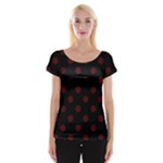 Polka Dots - Bulgarian Rose Red on Black Women s Cap Sleeve Top