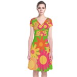 Groovy Mod Floral Short Sleeve Front Wrap Dress