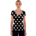 Polka Dots - Almond Brown on Black Women s V-Neck Cap Sleeve Top